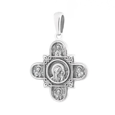 Серебряный православный крестик (чернение) " Господь Вседержитель. Казанская икона Божией Матери и восемь святых " (131020)
